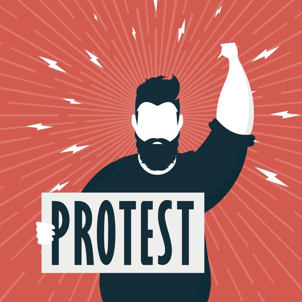 Protest concept. A man with an empty banner in his hands. Red banner. Rally or protest concept. Vector illustration.