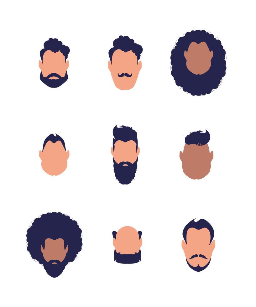 Set of faces of guys of different types and nationalities. Isolated on white background. Cartoon style. vector