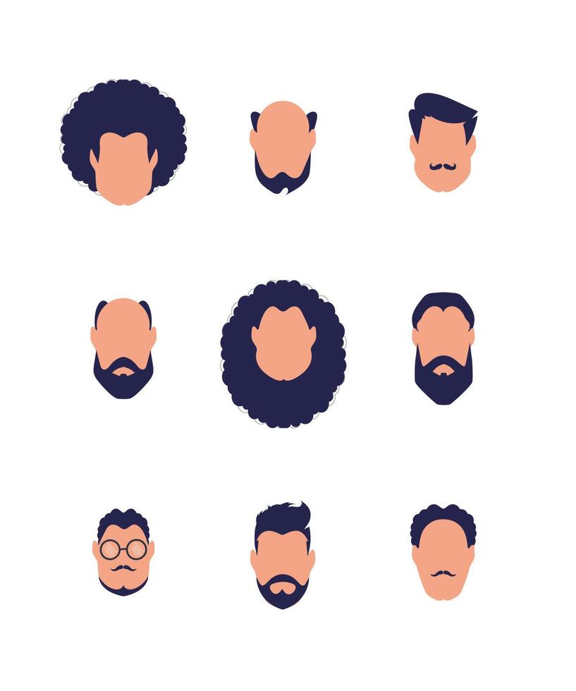 Set of faces of men of different types and nationalities. Isolated on white background. illustration. vector