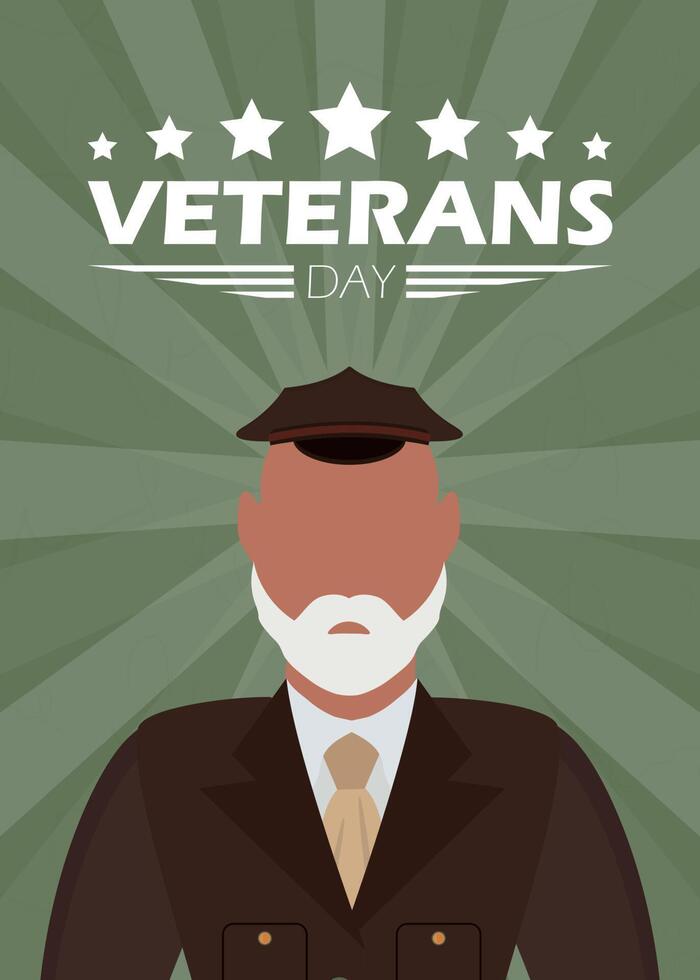Veterans Day postcard. Veteran in military uniform. Cartoon style. vector