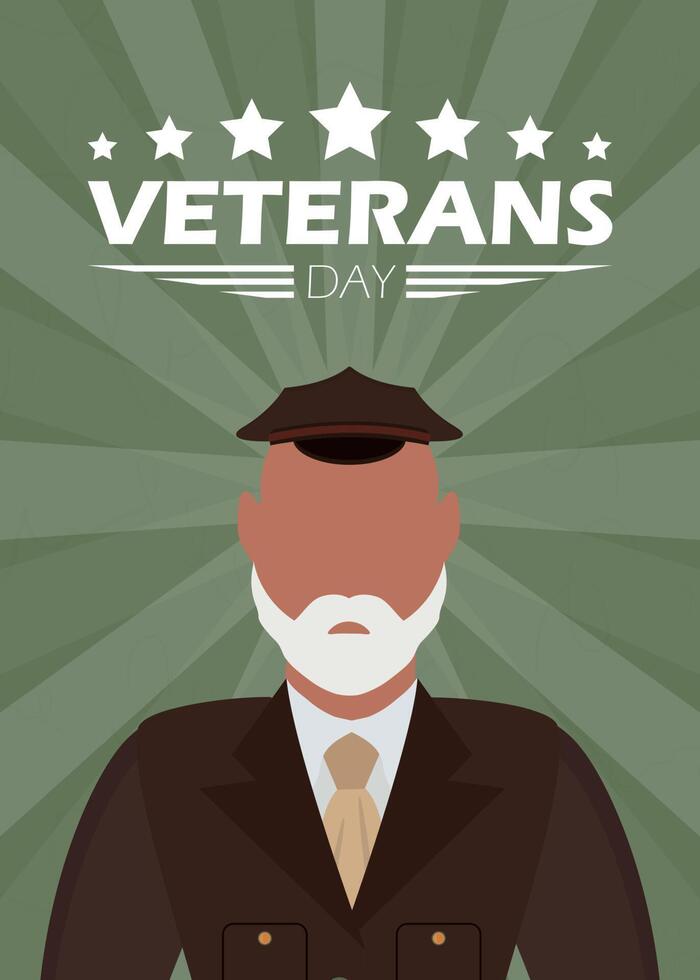 postal del día de los veteranos. veterano en uniforme militar. estilo de dibujos animados vector