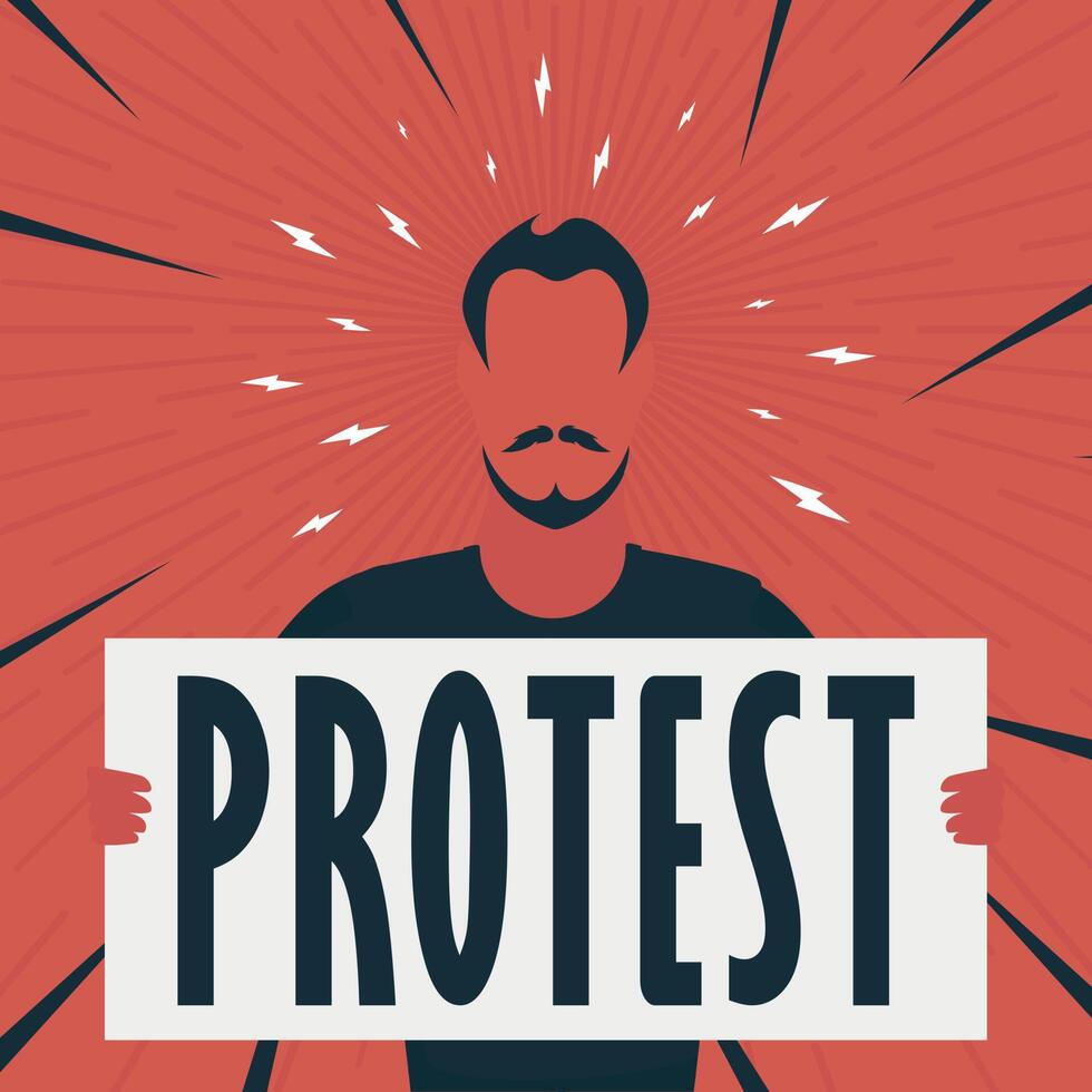 A man with a banner in his hands and the text protest. Pop art. Flat style. illustration. vector