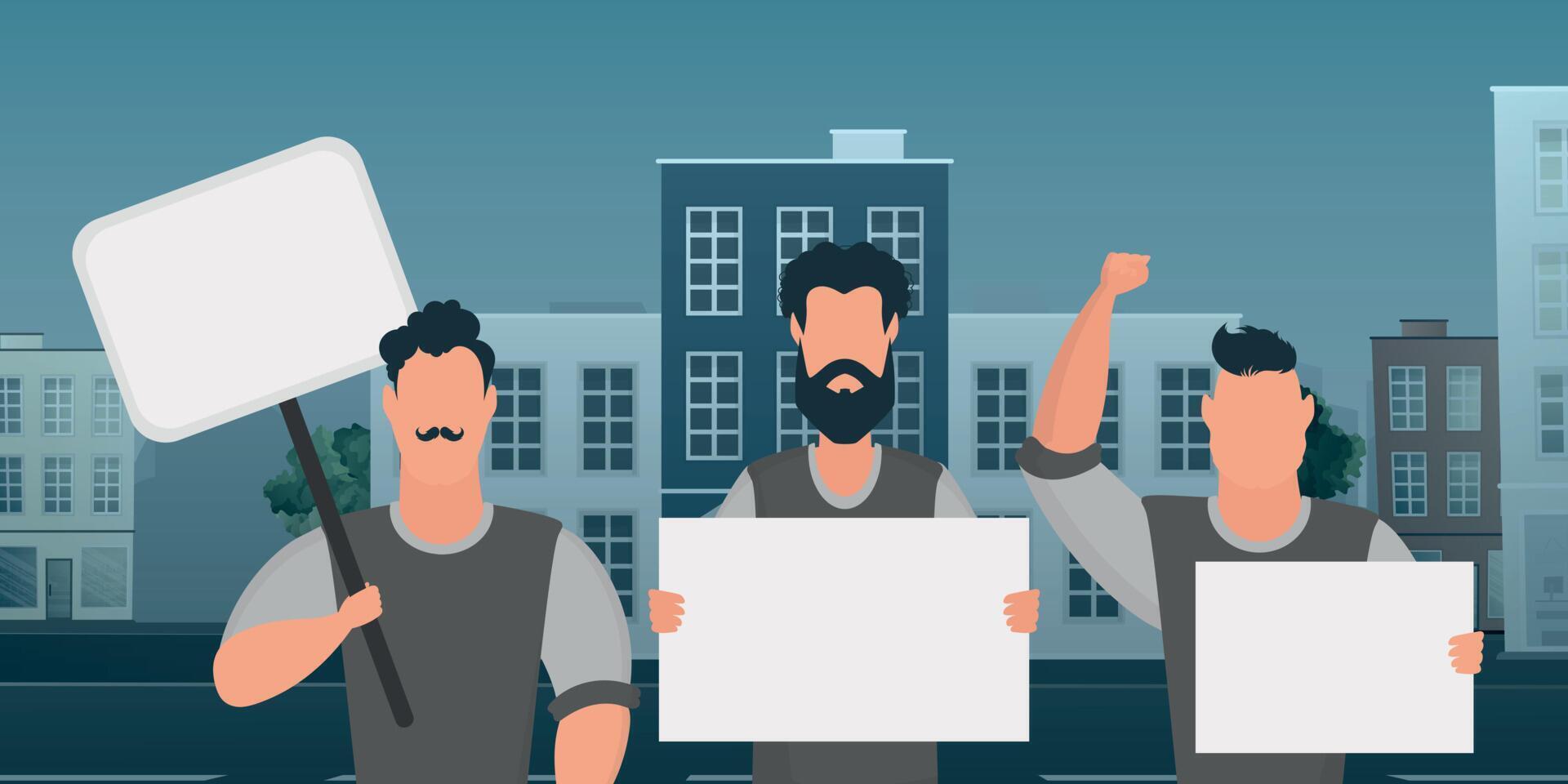 A crowd of guys with banners in their hands came out to protest. Cartoon style. Vector illustration.