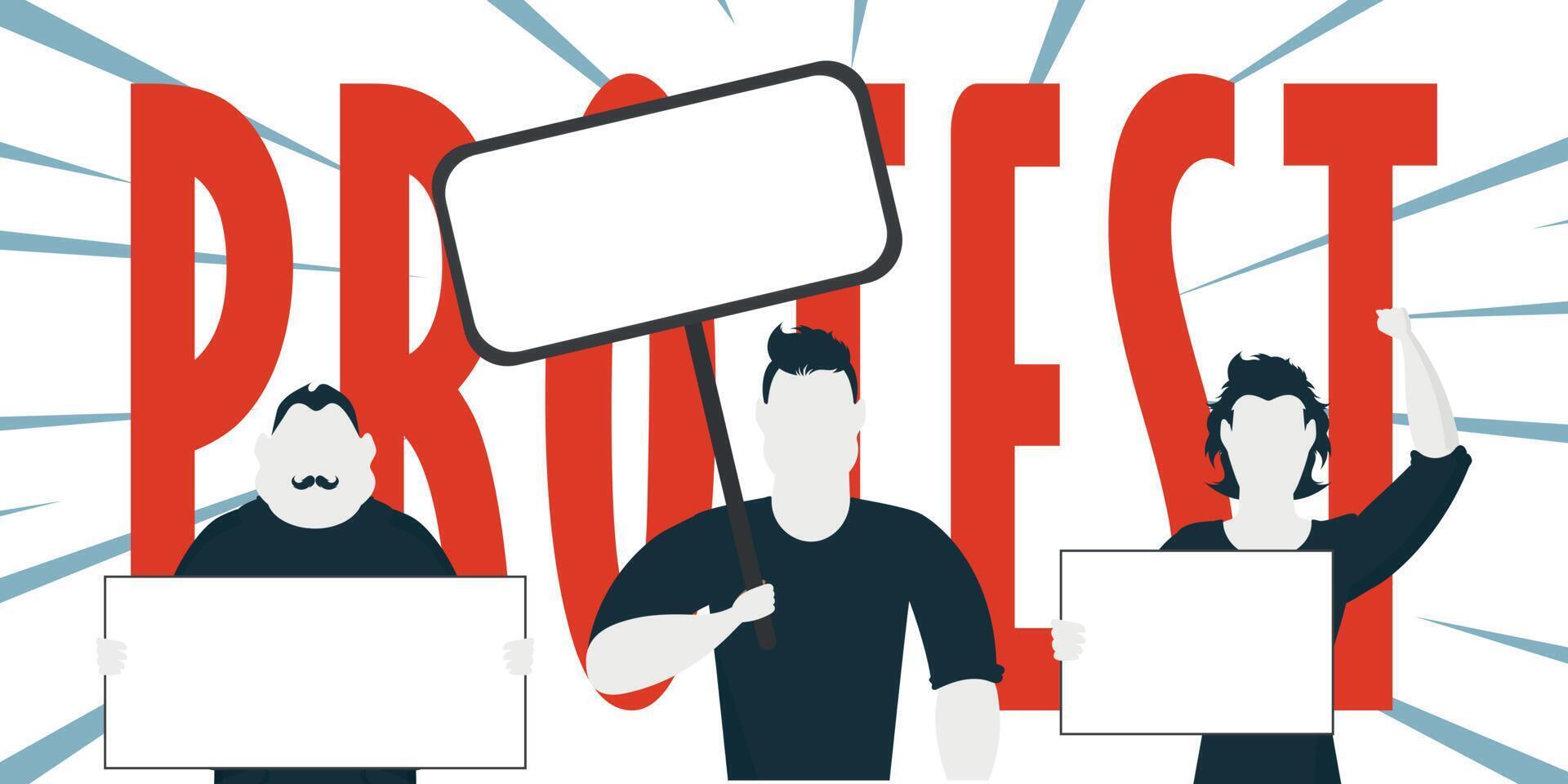 Protest banner. A group of men with banners. Strike concept. Flat style, . vector
