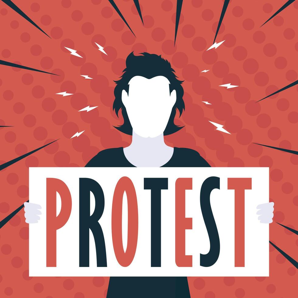 Guy with banner and protest text. Pop art. Flat style. Vector