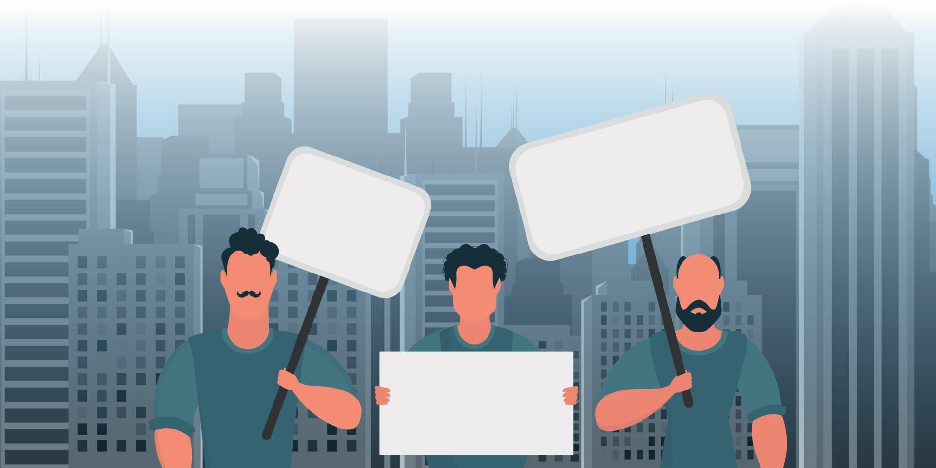 A group of men came out to protest with banners in their hands. The concept of citizens' strikes. Cartoon style. vector