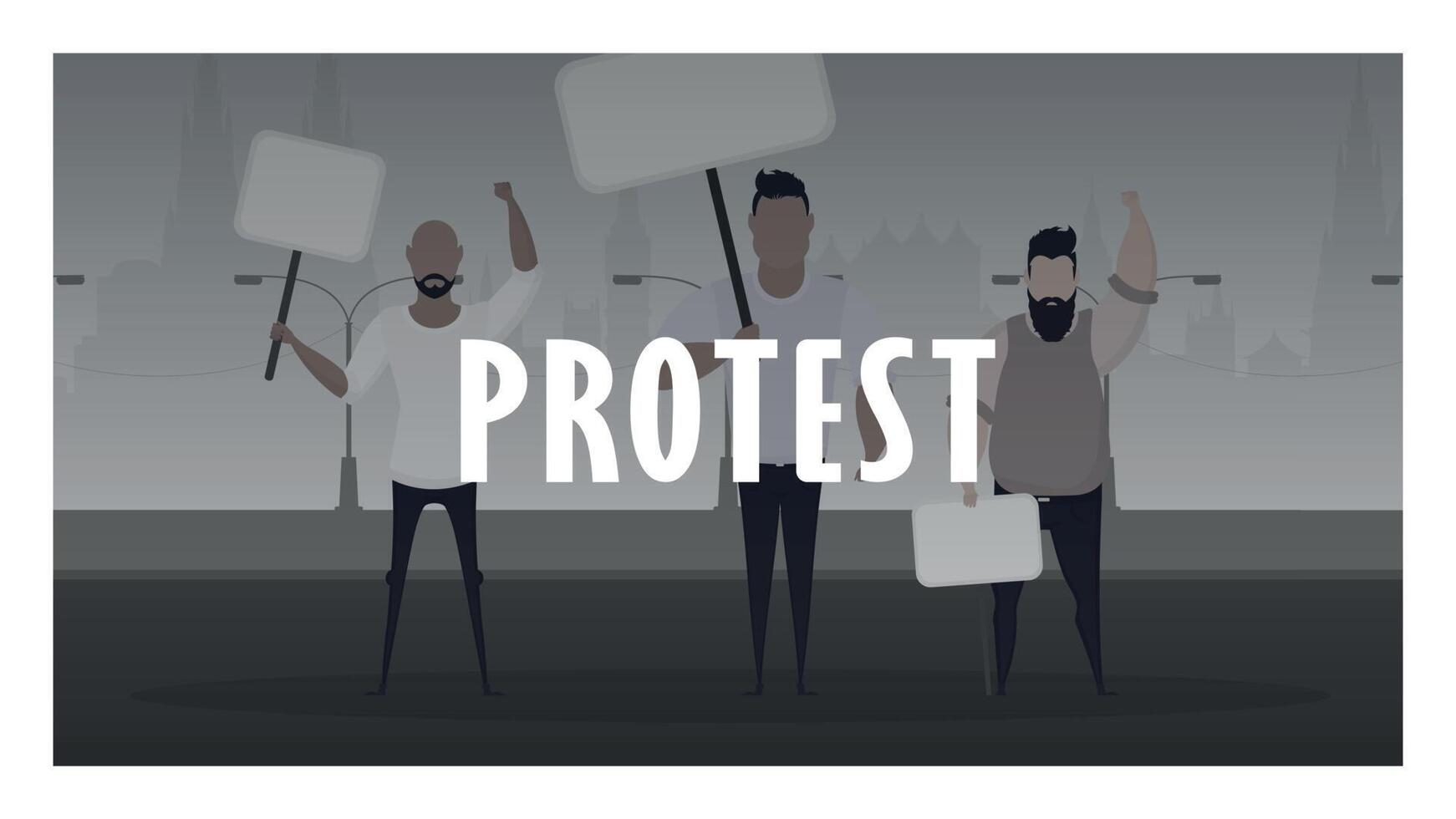 Protest banner. A crowd of guys with banners in their hands came out to protest. Prosky style. Vector illustration.