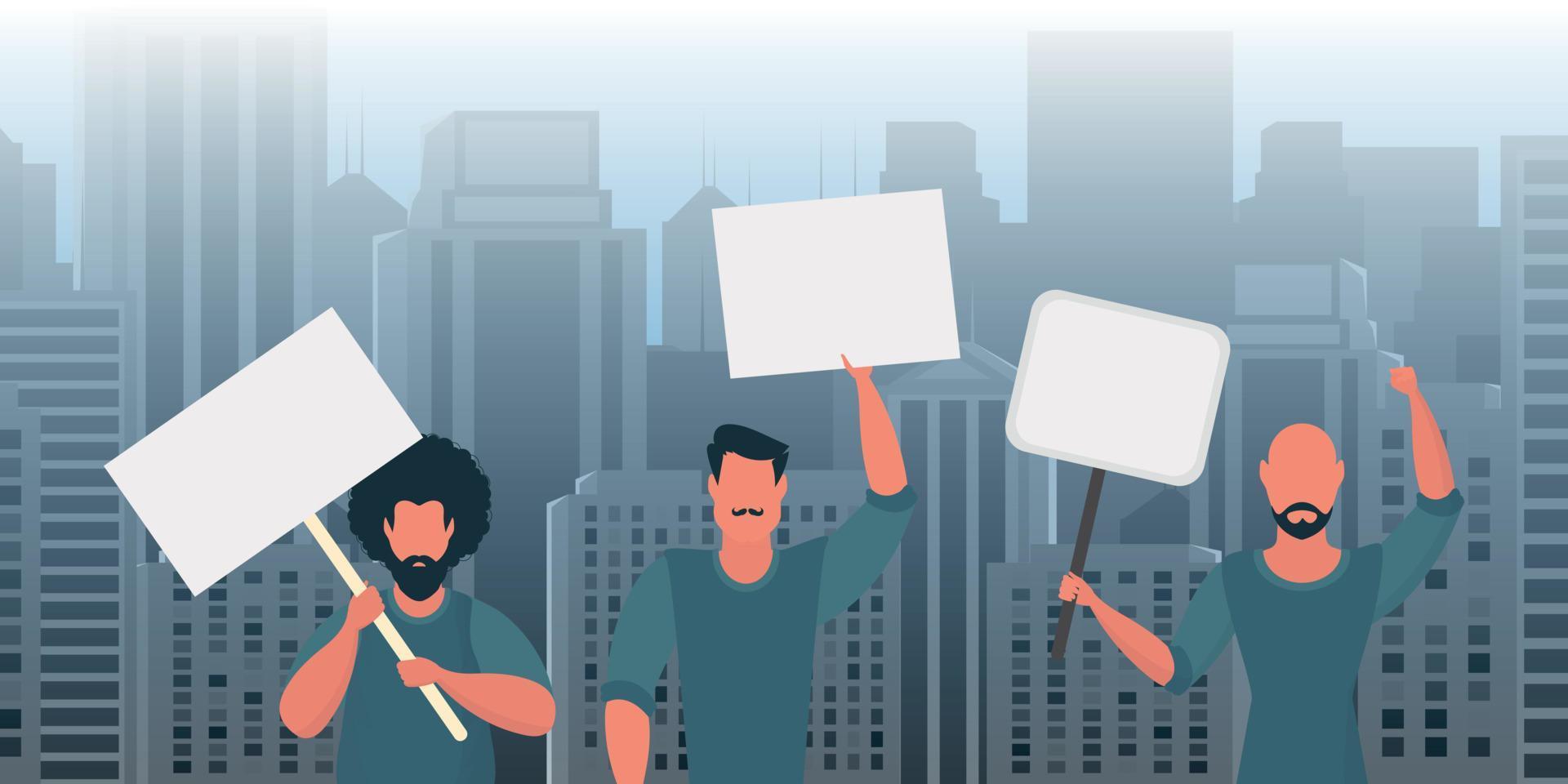 A group of men protest with banners. The concept of citizens' strikes. Vector illustration.