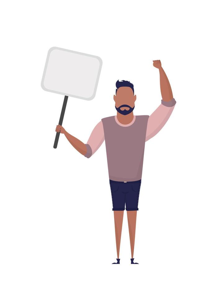 un hombre sostiene una pancarta vacía en sus manos. con espacio para su texto. concepto de manifestación o protesta. estilo de dibujos animados, ilustración vectorial. vector