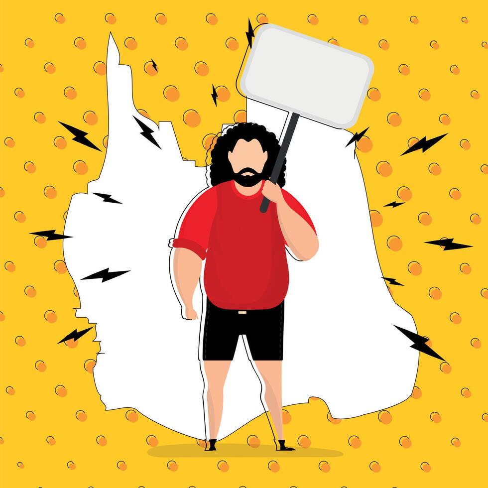 A man with an empty banner in his hands and a place for your text. Pop art. Flat style. Vector illustration.