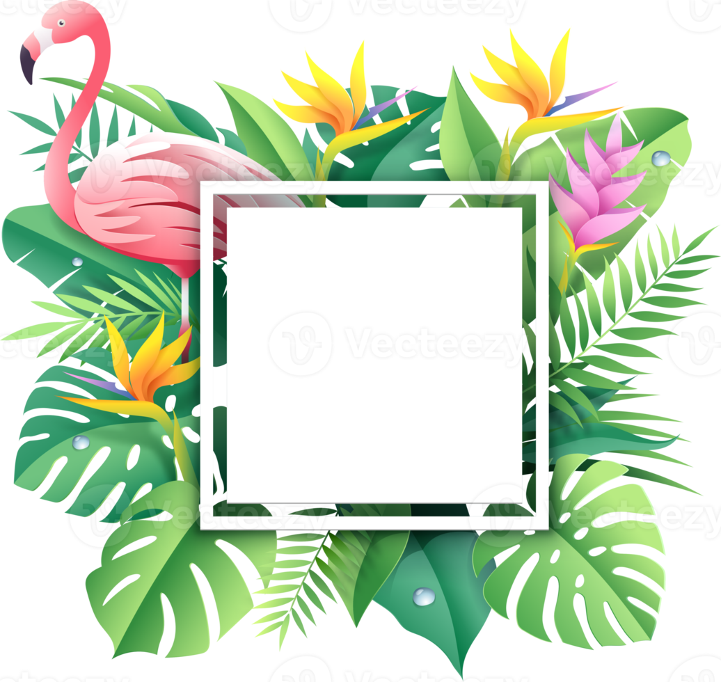 Pink flamingo on tropical leaf paper cut background png