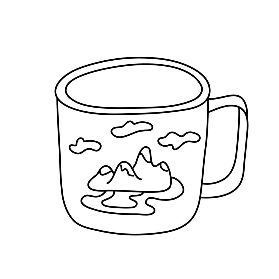Hand drawn vector illustration of a mug decorated with mountains  in doodle style on white background. Isolated black outline.  Camping and tourism equipment.