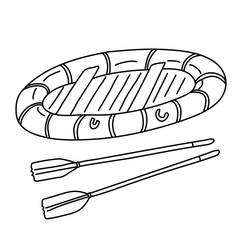 Inflatable boat with two paddles. Hand drawn vector illustration in doodle style on white background. Isolated black outline. Camping and tourism equipment.