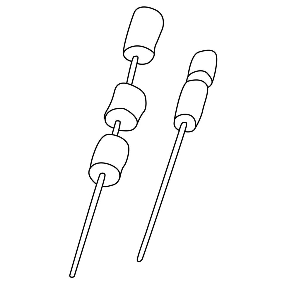 Marshmallow on wooden skewers. Hand drawn vector illustration of in doodle style on white background. Isolated black outline.