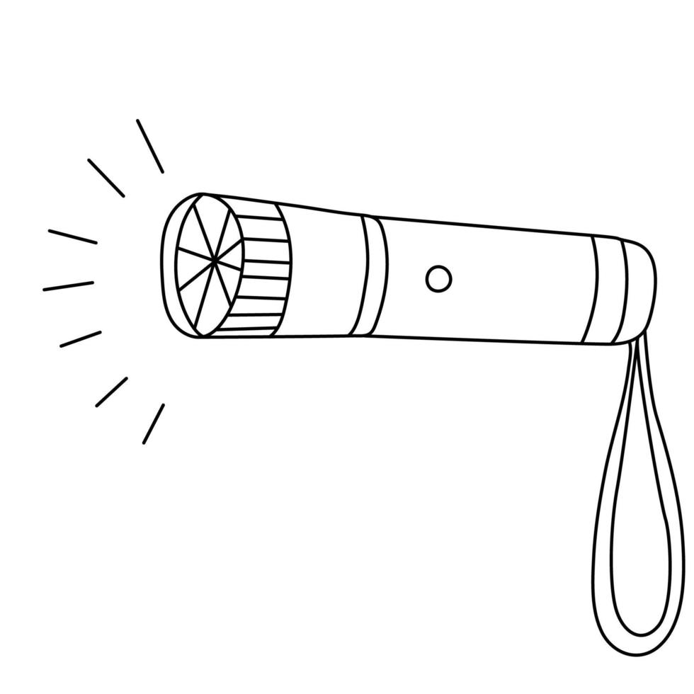 Pocket handle flashlight. Hand drawn vector illustration of in doodle style on white background. Isolated black outline. Camping and tourism equipment.