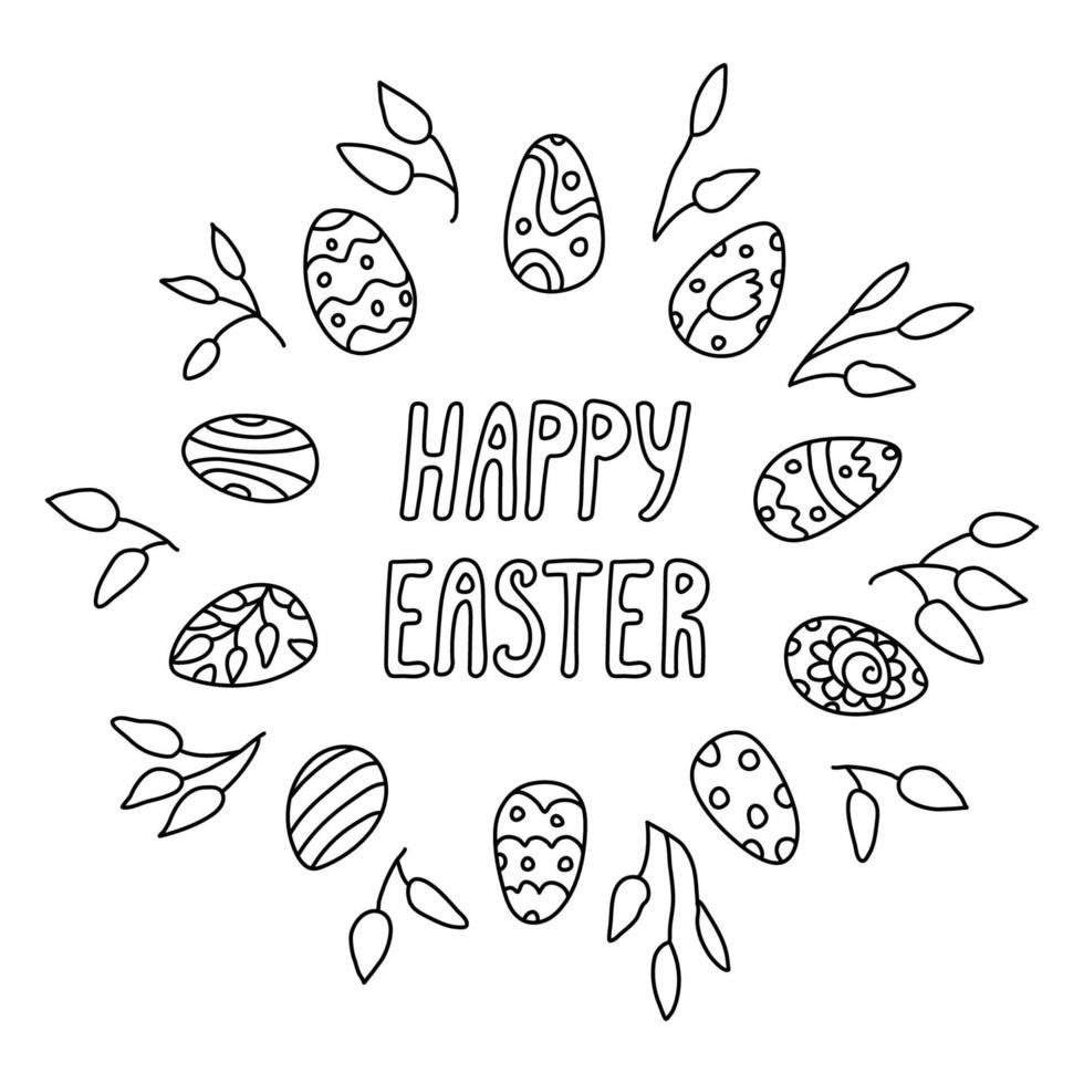 Easter greeting card with eggs decorated with patterns and branches in doodle style. Isolated black outline. Hand drawn vector illustration on white. Happy Easter lettering.