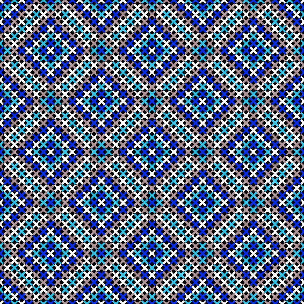 BLACK SEAMLESS VECTOR BACKGROUND WITH GEOMETRIC CROSS STITCH PATTERN IN BLUE SHADES
