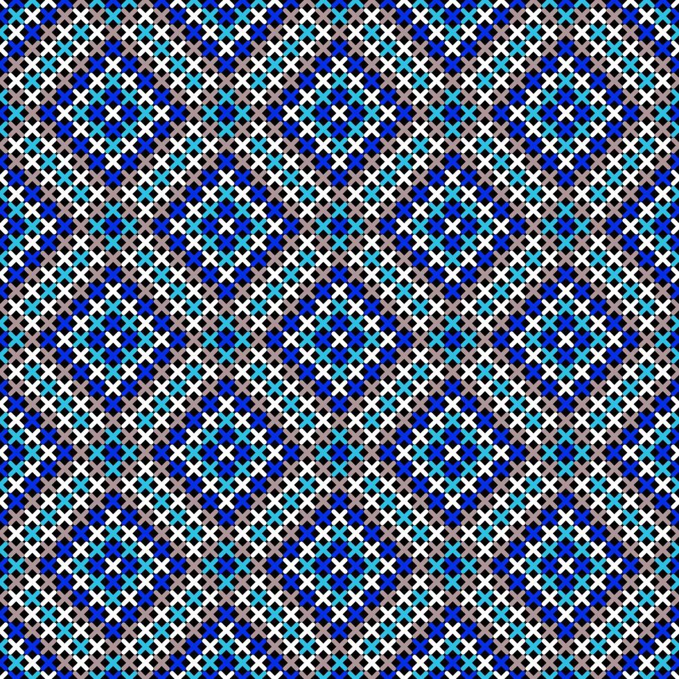 BLACK SEAMLESS VECTOR BACKGROUND WITH GEOMETRIC CROSS STITCH PATTERN IN BLUE SHADES