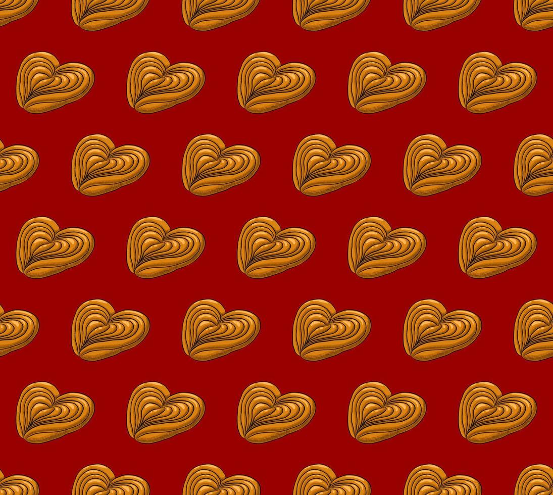 RED SEAMLESS VECTOR BACKGROUND WITH DELICIOUS BUNS IN THE FORM OF A HEART