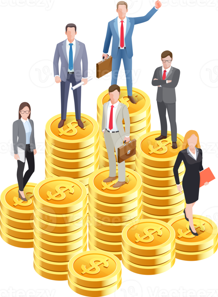 Business people on gold coin stack png