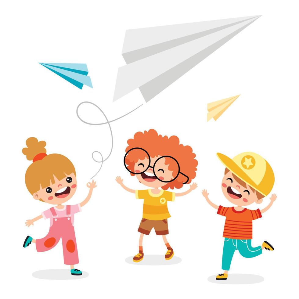 niños de dibujos animados jugando con avión de papel vector