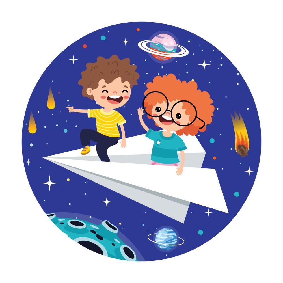 Cartoon Kids Flying With Paper Plane vector