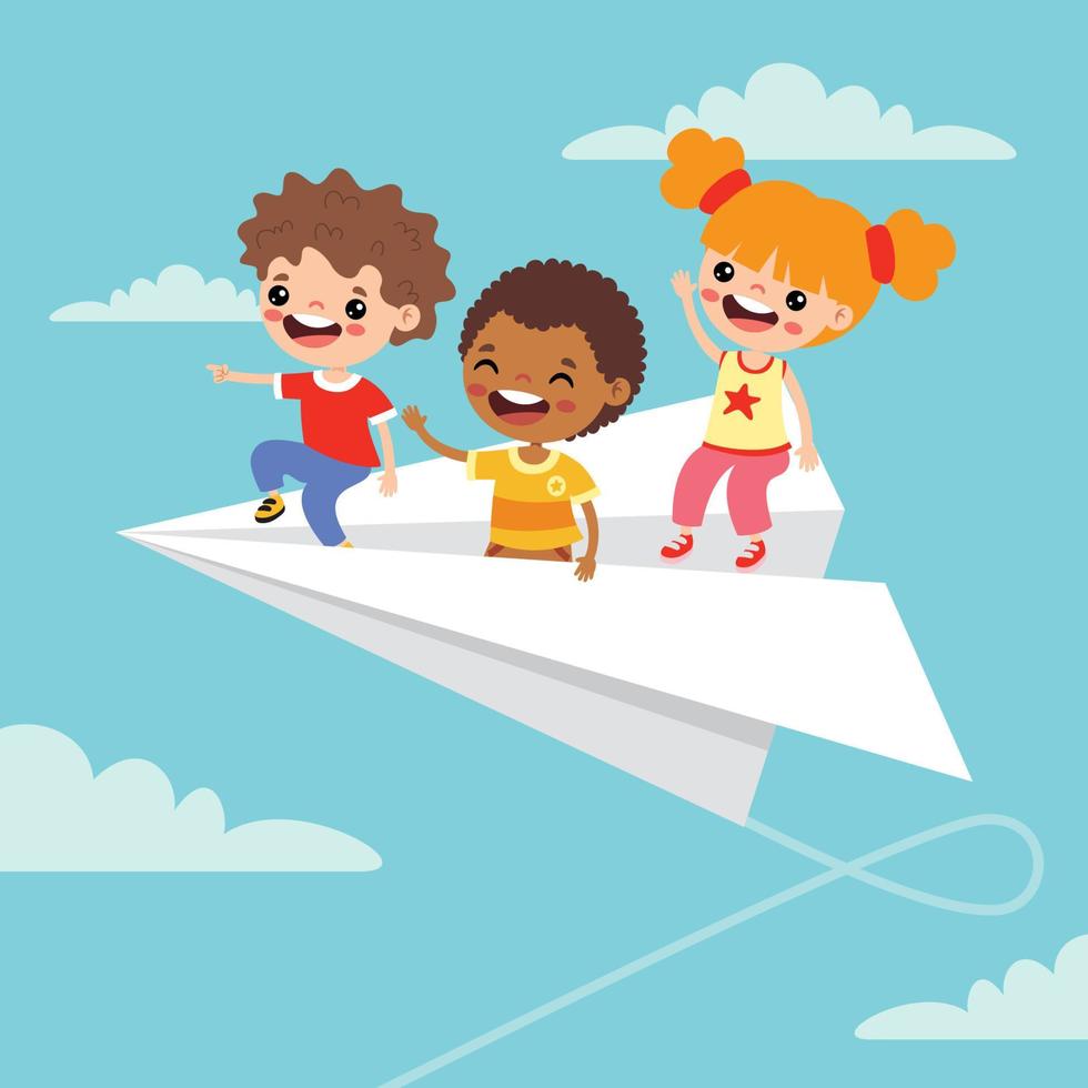 Cartoon Kids Flying With Paper Plane vector