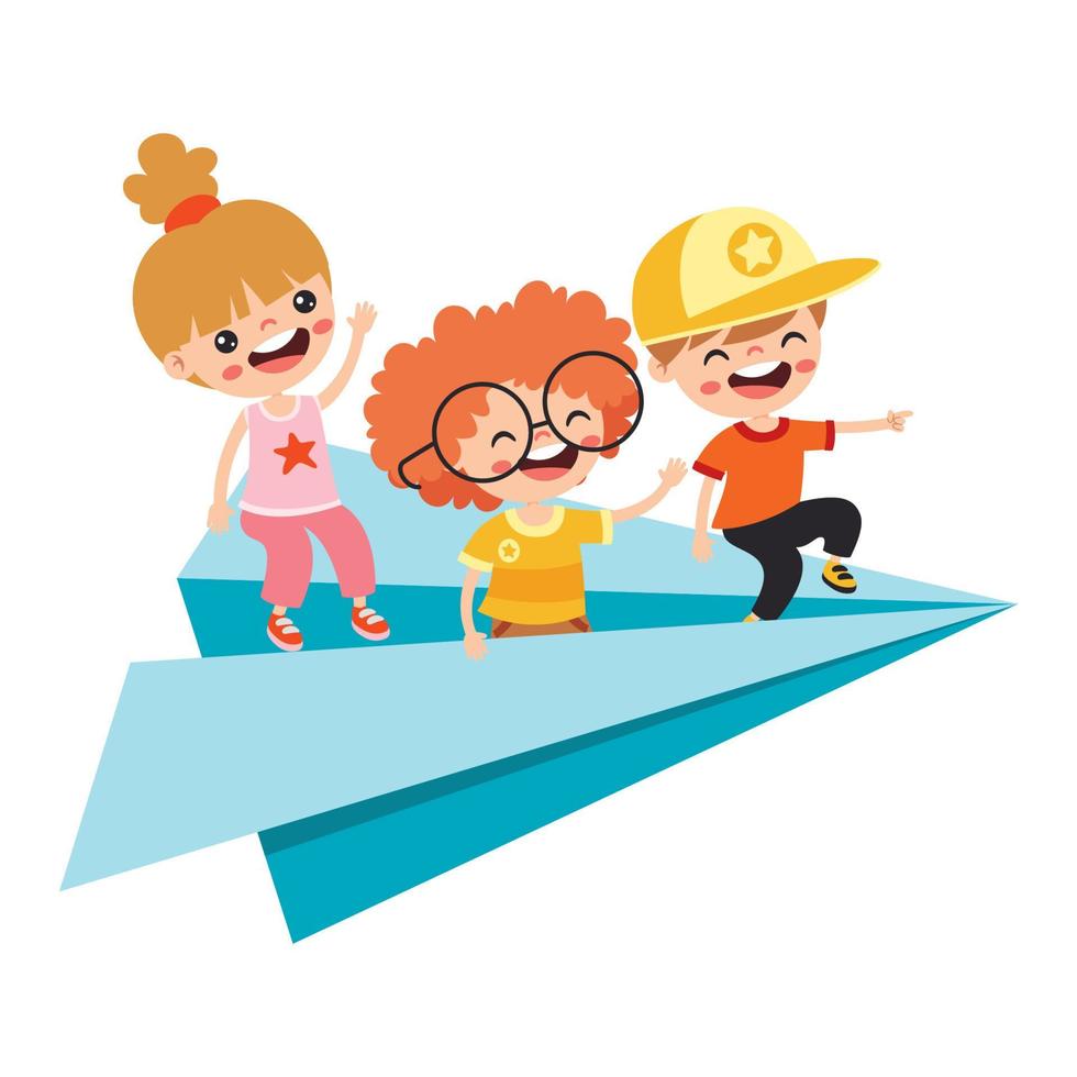 Cartoon Kids Flying With Paper Plane vector