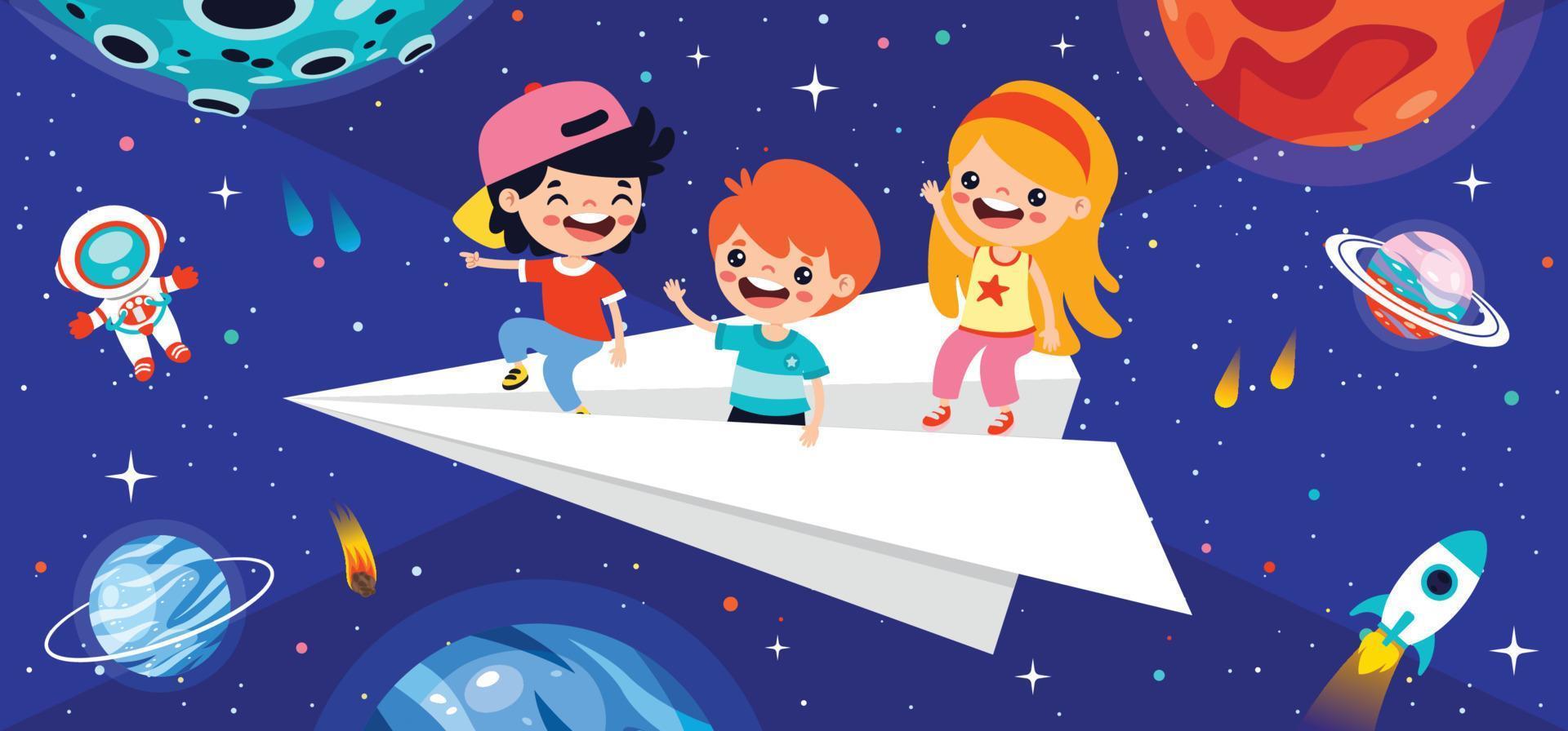 Cartoon Kids Flying With Paper Plane vector