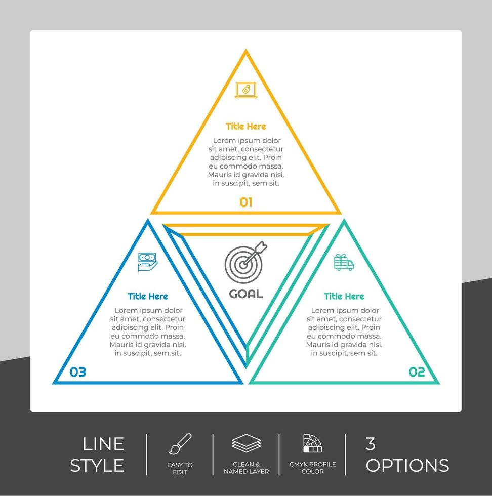 infografía de opción de negocio de presentación con estilo de línea y concepto colorido. Se pueden usar 3 pasos de infografía para fines comerciales. vector