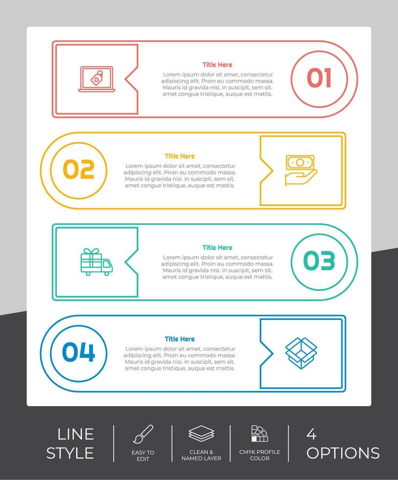 Square option infographic vector design with 4 steps colorful style for presentation purpose.Line step infographic can be used for business and marketing