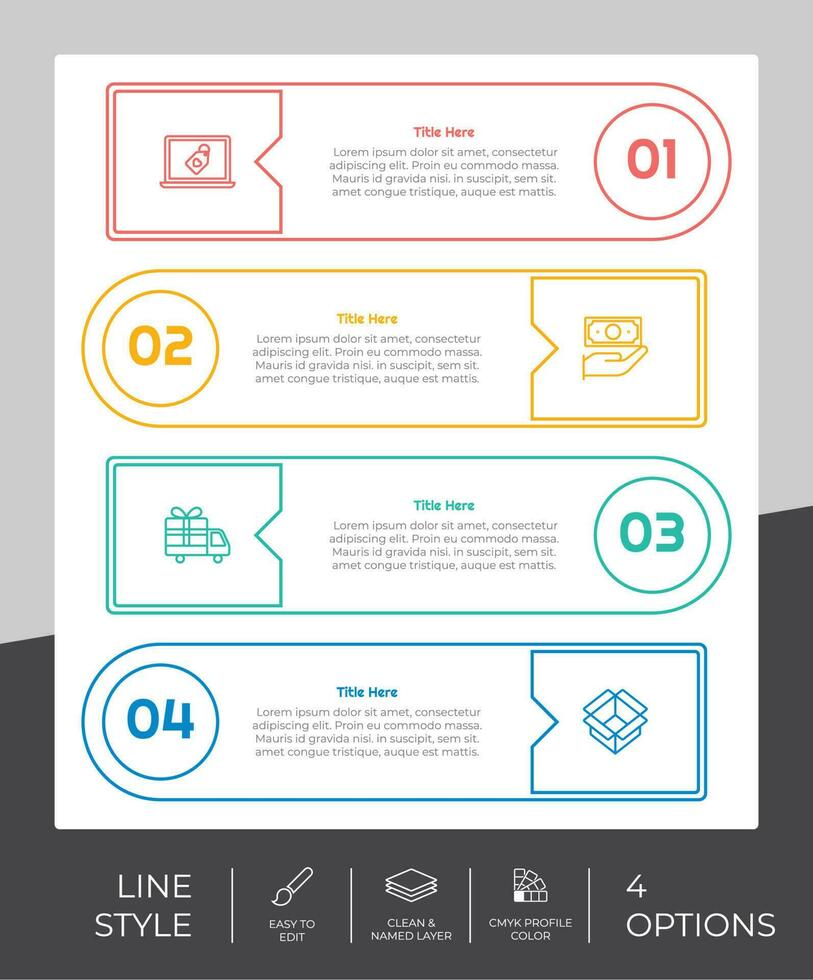 diseño de vector de infografía de opción cuadrada con estilo colorido de 4 pasos para fines de presentación. La infografía de paso de línea se puede utilizar para negocios y marketing