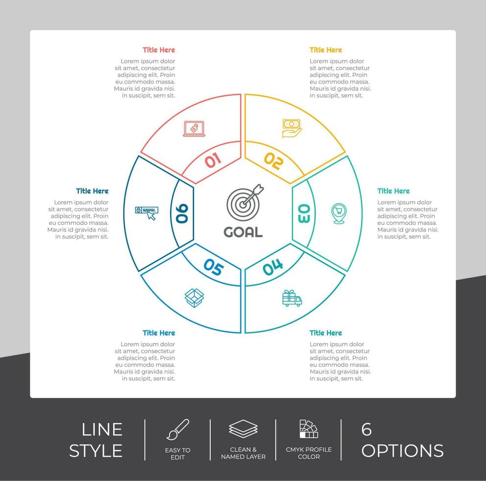 Circle option infographic vector design with 6 options colorful style for presentation purpose.Line option infographic can be used for business and marketing