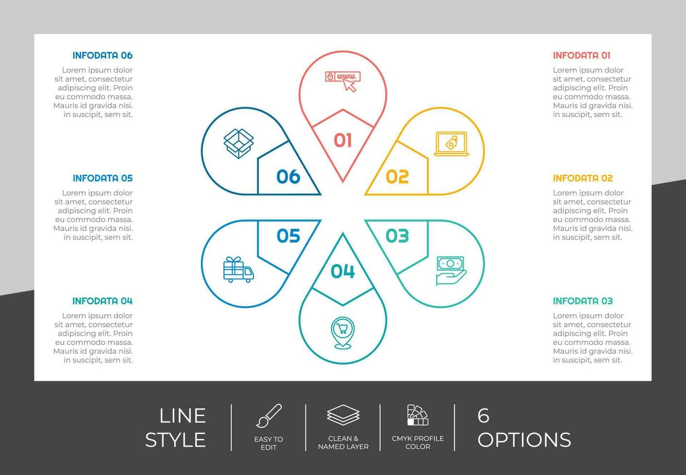 Circle option infographic vector design with 6 steps colorful style for presentation purpose.Line step infographic can be used for business and marketing