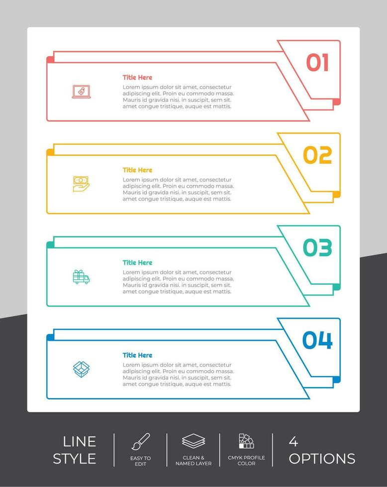 infografía de opción de negocio de presentación con estilo de línea y concepto colorido. Se pueden usar 4 pasos de infografía para fines comerciales. vector