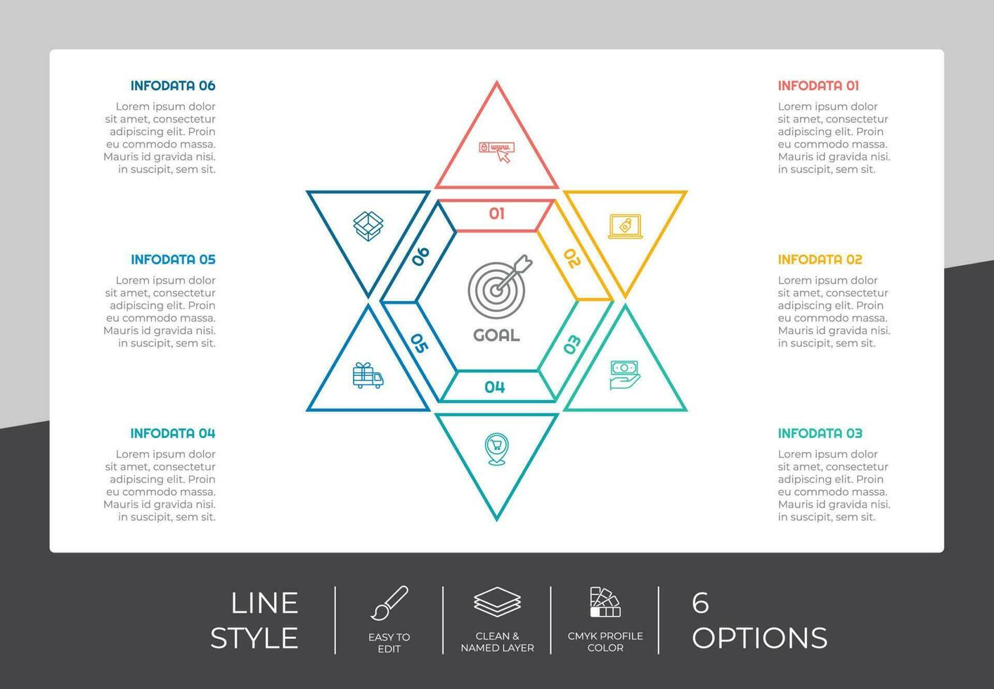 Presentation business option infographic with line style and colorful concept. 6 steps of infographic can be used for business purpose. vector