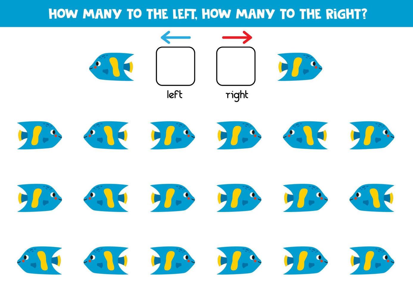 Left or right with cute sea fish. Logical worksheet for preschoolers. vector