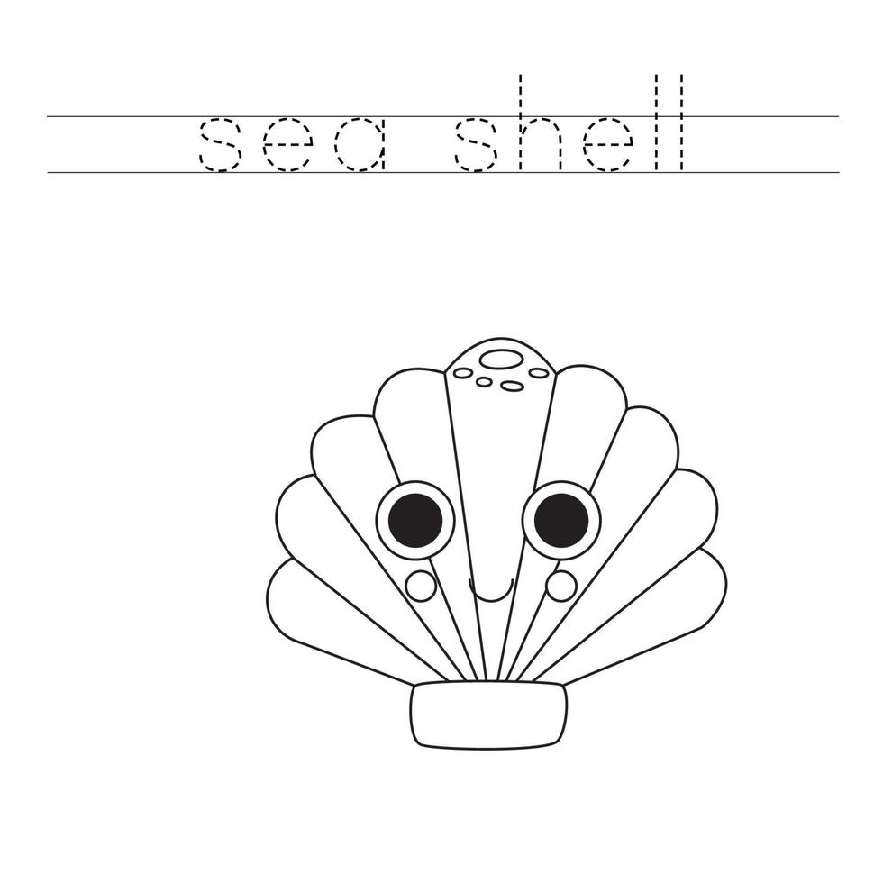 Trace the letters and color cartoon seashell. Handwriting practice for kids. vector