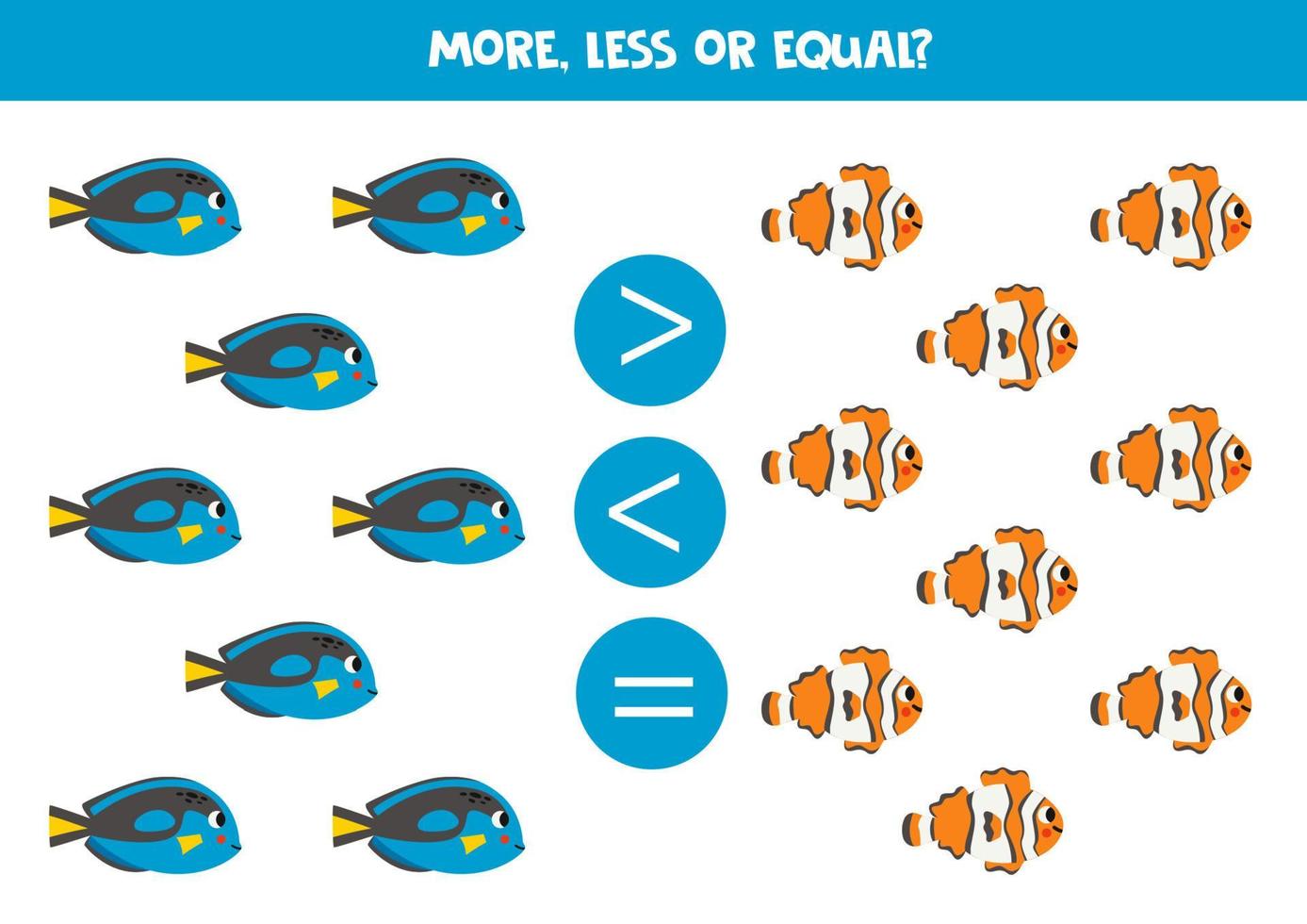More, less or equal with cartoon reef fish. vector