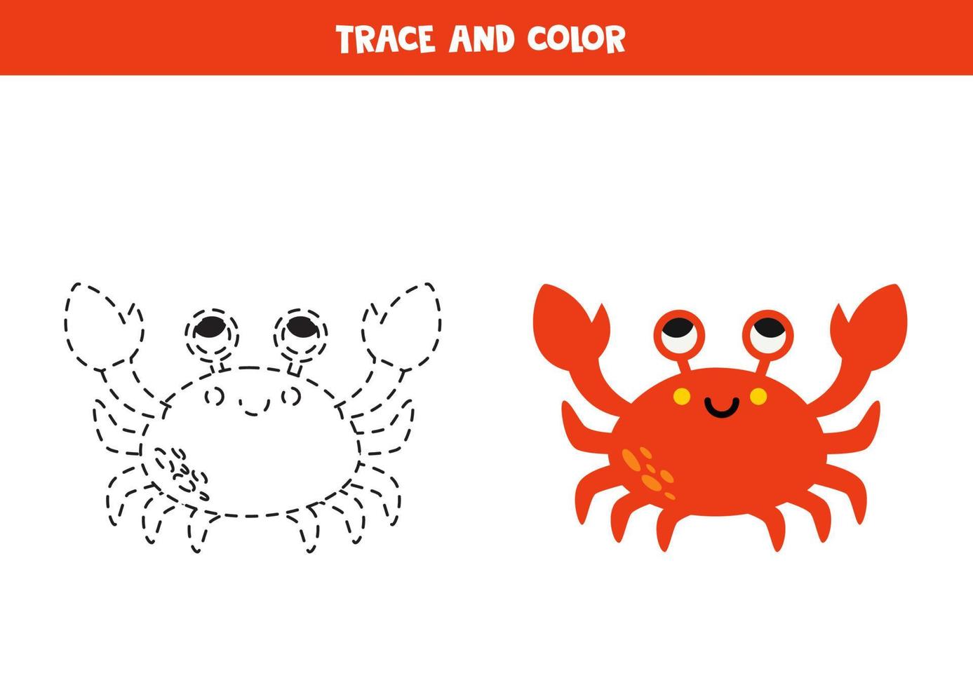 Trace and color cute red crab. Worksheet for children. vector