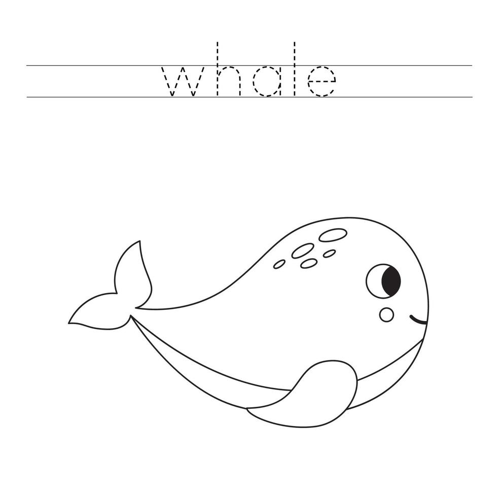 Trace the letters and color cartoon whale. Handwriting practice for kids. vector
