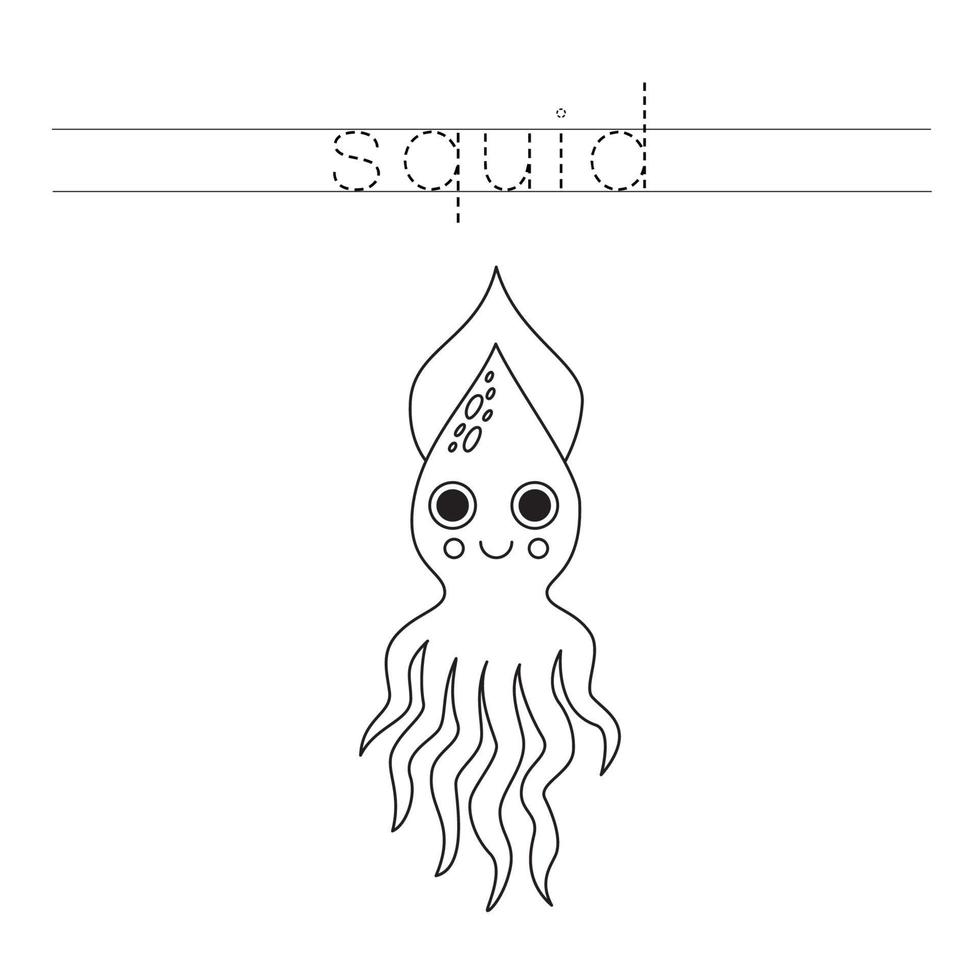 Trace the letters and color cartoon squid. Handwriting practice for kids. vector