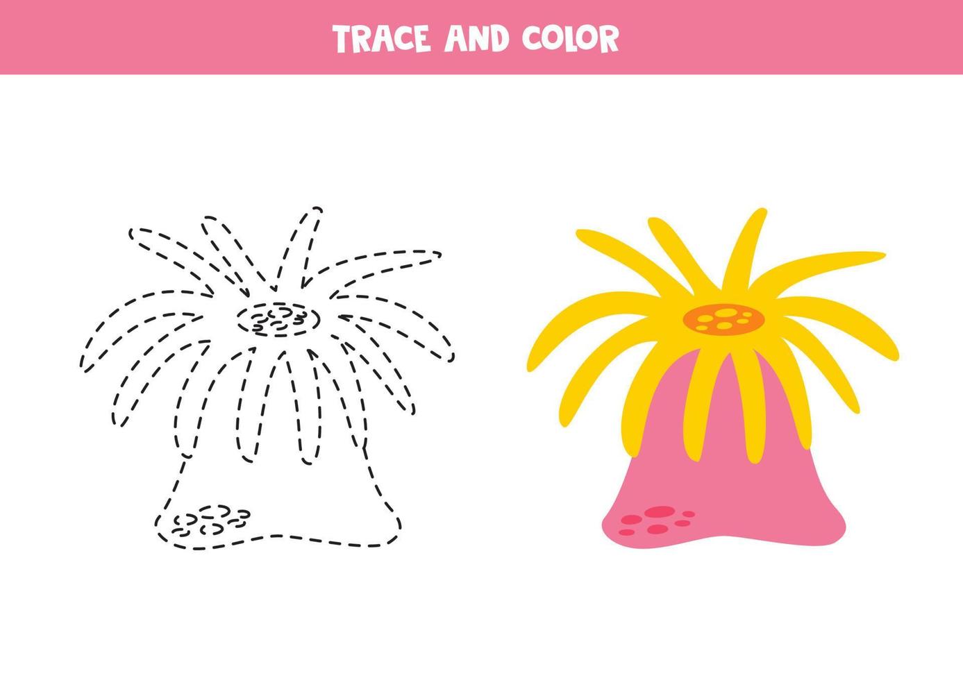 Trace and color cartoon pink anemone. Worksheet for children. vector