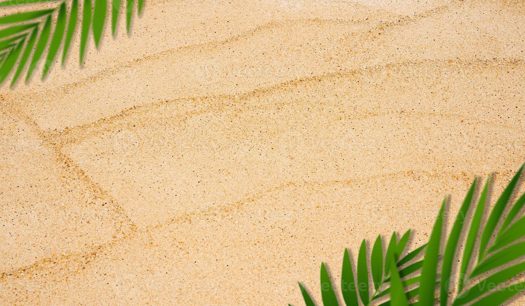 textura de arena backgrond. vista superior hojas de palma de coco borrosas en la playa de arena, textura de piedra de arena natural con ola, duna de arena de playa marrón en un día soleado, pancarta para la presentación del producto de verano foto