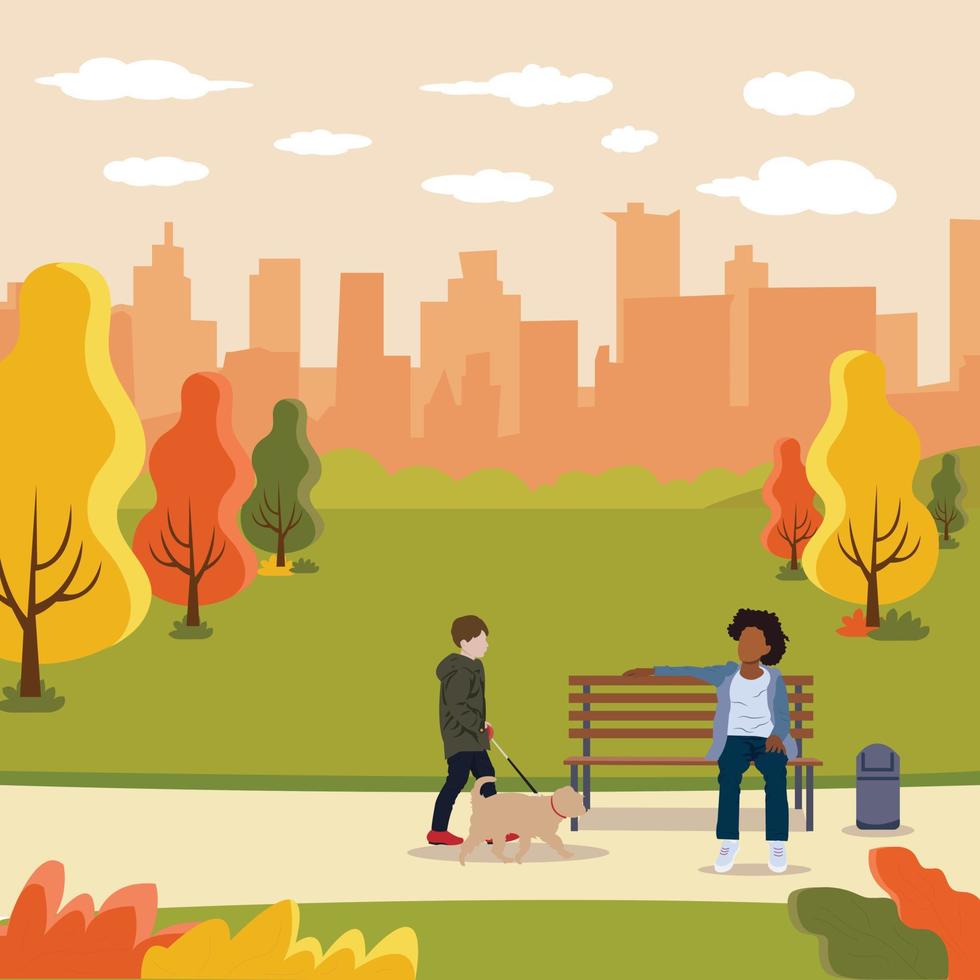 Illustration of two boys with pet dog in park vector