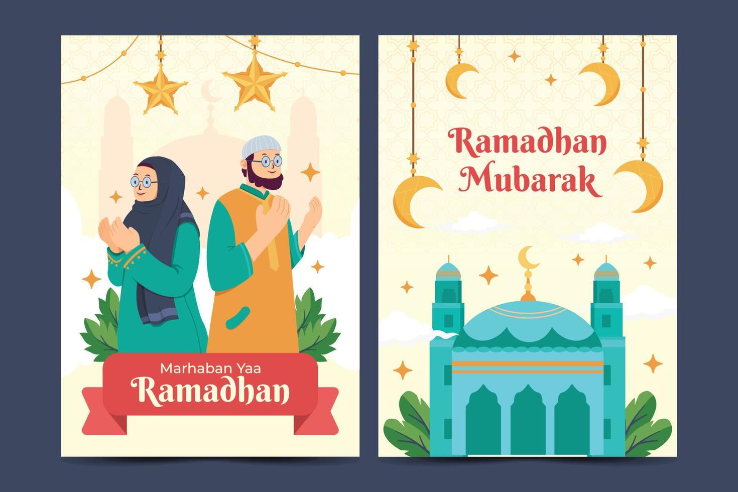 Hand drawn flat ramadan cards vector