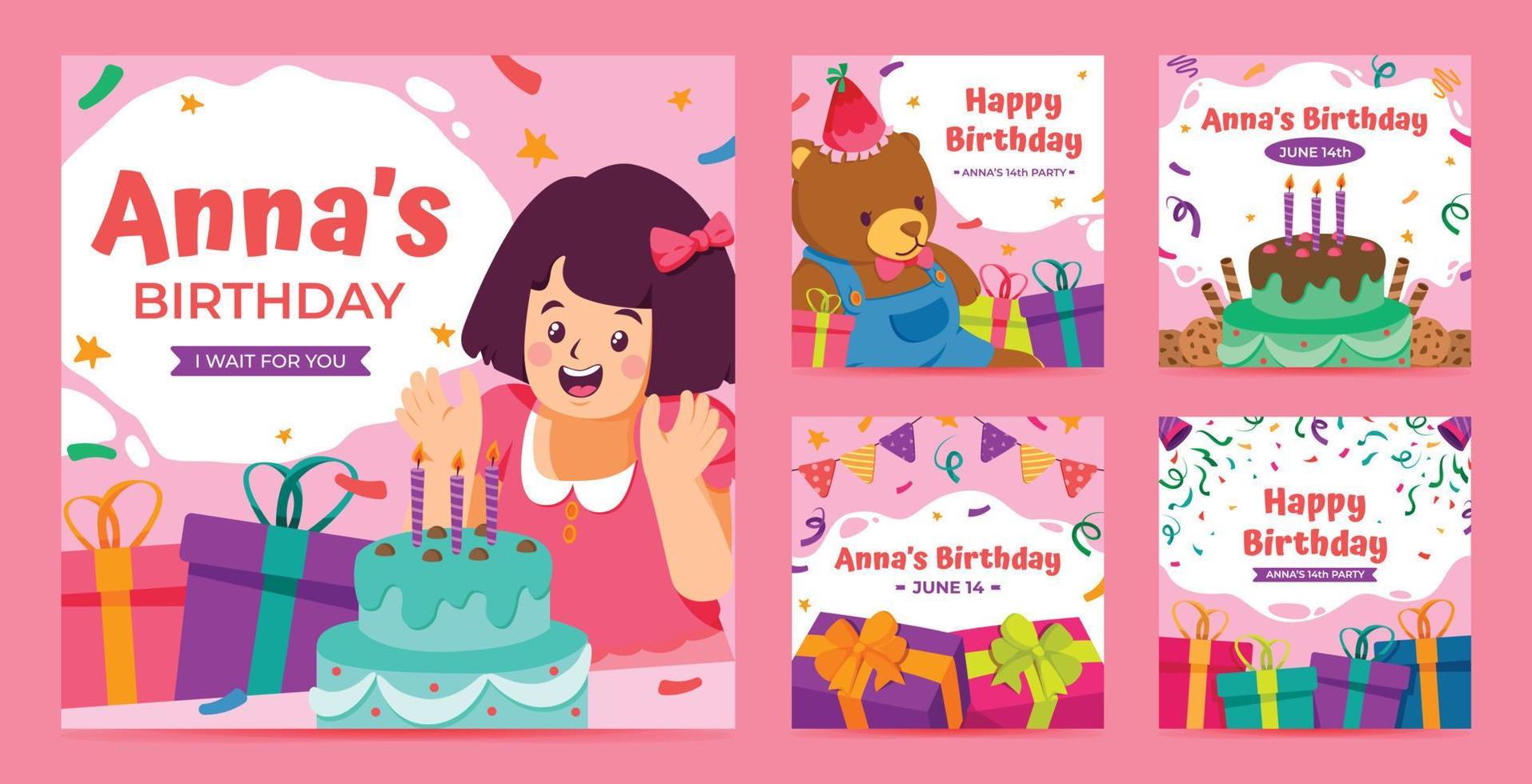 conjunto de publicaciones de instagram de cumpleaños vector