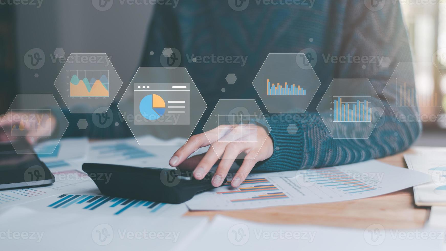 Analyst read business statistics chart reports, to analyze and improve corporate strategy, manage financial and marketing documents, update annual budget accounts, business data analysis concept photo