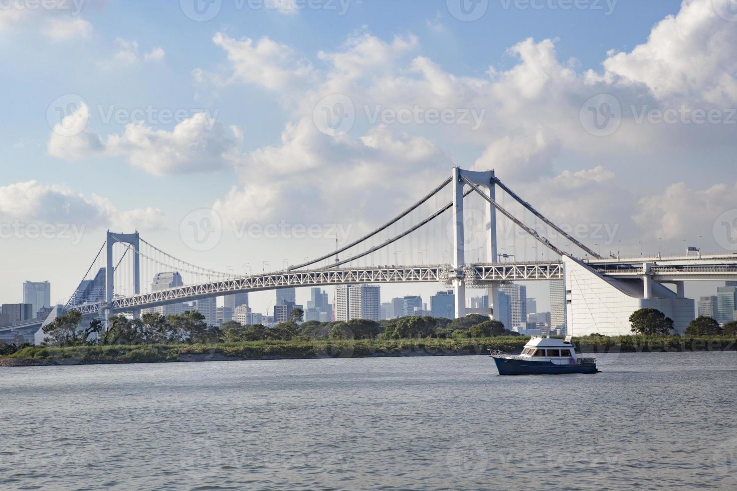 rainbow bridge crossing tokyo harbor to odaiba island important traveling destination in japan photo