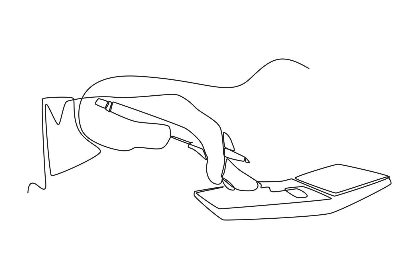 Single one line drawing Hand holding pen and finger touching calculator button. Tax concept. Continuous line draw design graphic vector illustration.